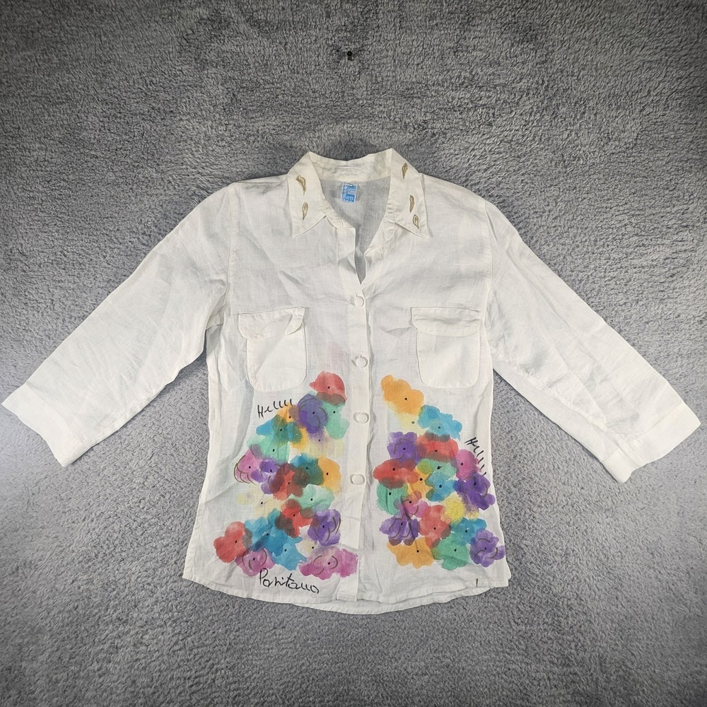 Vtg Pozzi Electa Linen Top Womens S Floral Made In Italy Watercolor Artsy Cruise